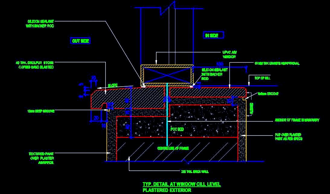 Window Sill Design CAD- UPVC Frame with Stone Sill